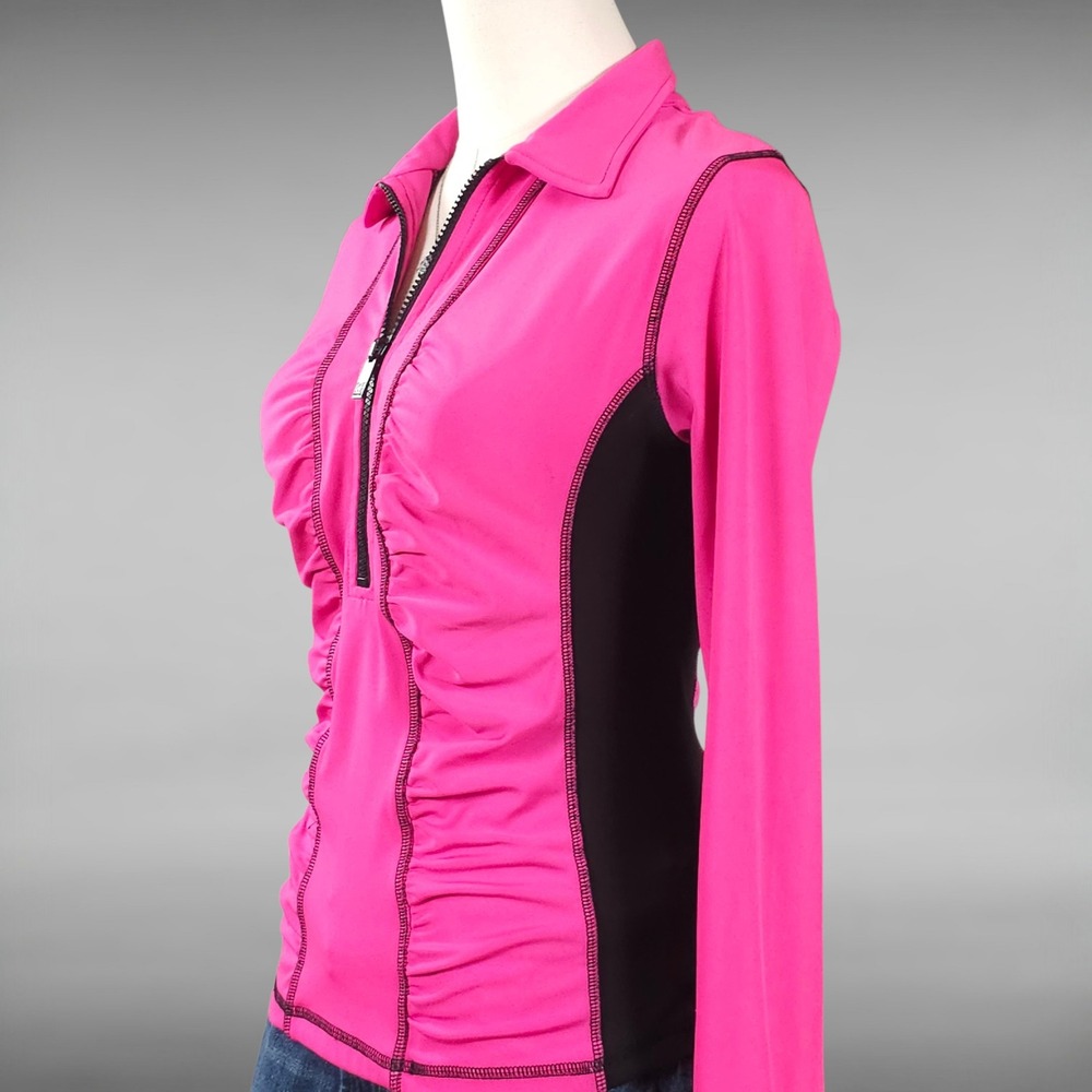 Kevan Hall Sport Ruched Quarter Zip Athletic Top Golf Tennis Hot Pink Black S